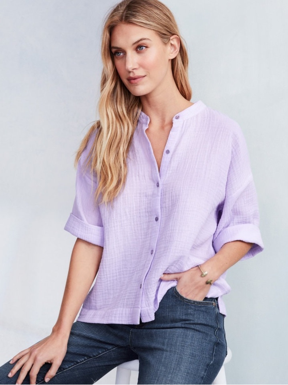 EILEEN FISHER Purple Lavender Organic-Cotton Gauze Boxy Button Down Shirt size M